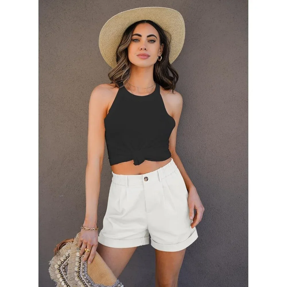 Women's White High Waisted Cotton Stretch Elastic Waist Pleated Summer Shorts